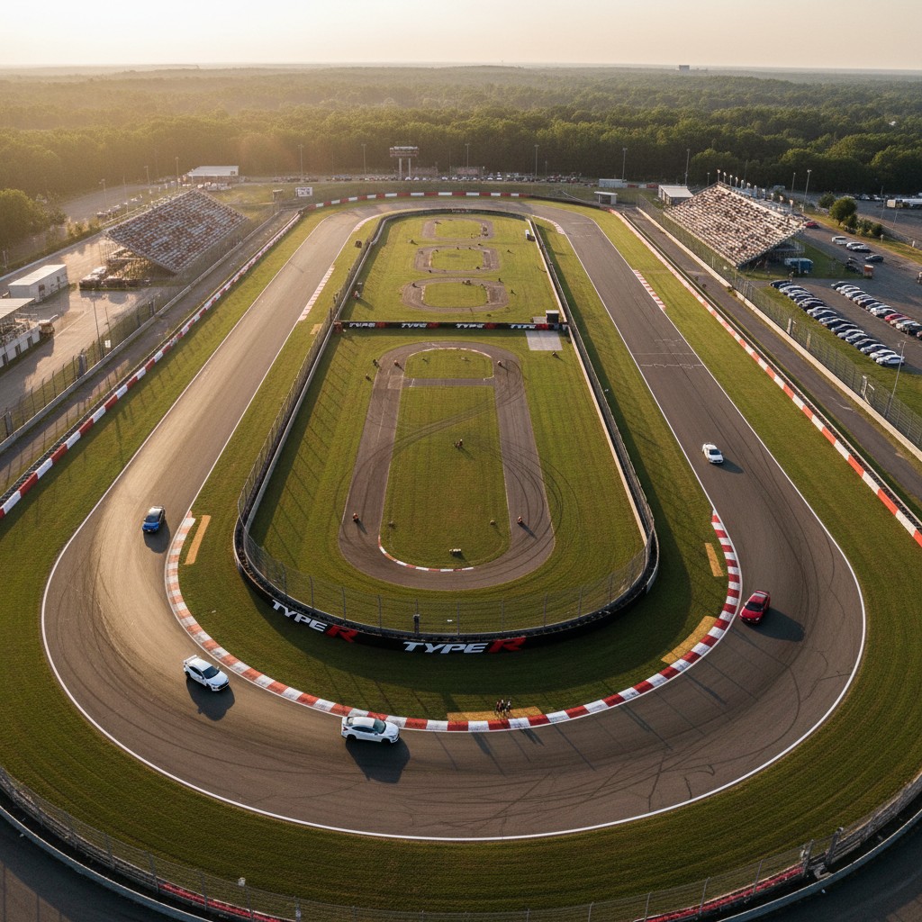 An aerial view of a race track, with four cars on it and a race course outlined on a green field with some buildings and t...